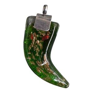 Murano Glass Horn Pendant With 925 Sterling Silver Bail Statement Green Art